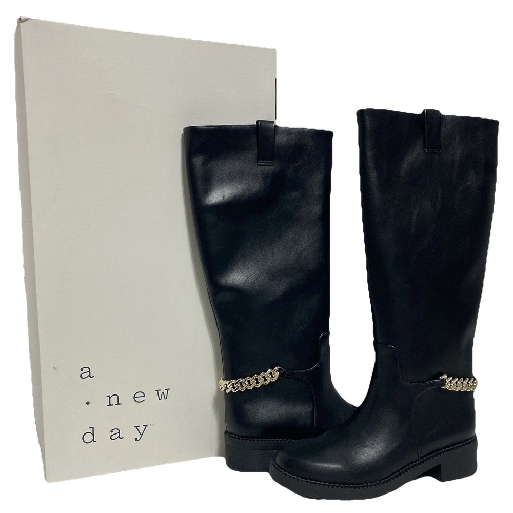 NEW-A New Day Women's Bobbi Boots Knee High Black Gold Chain Memory Foam Insole